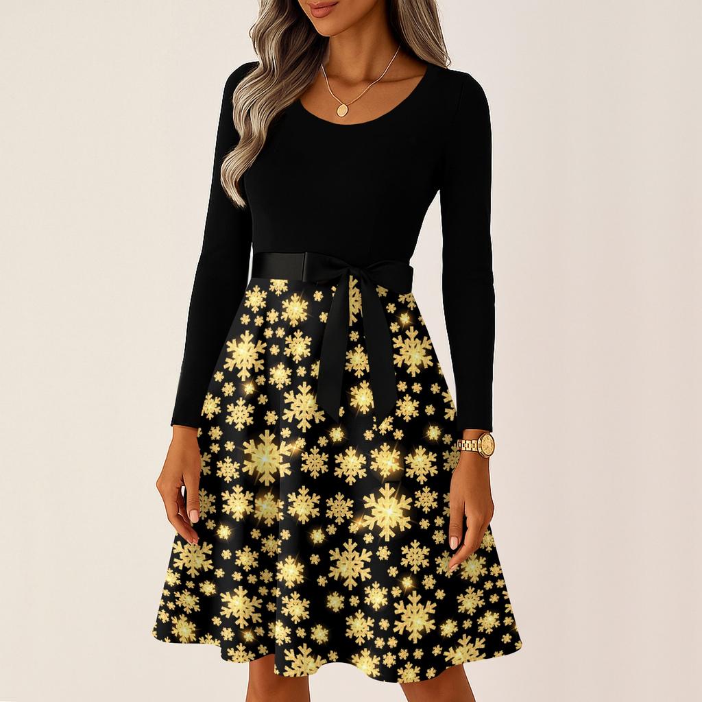 Damskie Codzienne Modne Długie Sukienki Vintage z Długim Rękawem i Świątecznym Nadrukiem Graficznym