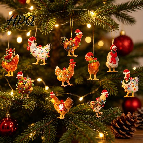 Funny Chicken Exchange Gifts for Friends Mini Christmas Ornament Cute Rooster with Santa Hat Wooden Xmas Tree Rustic Hanging Decor Decoration,