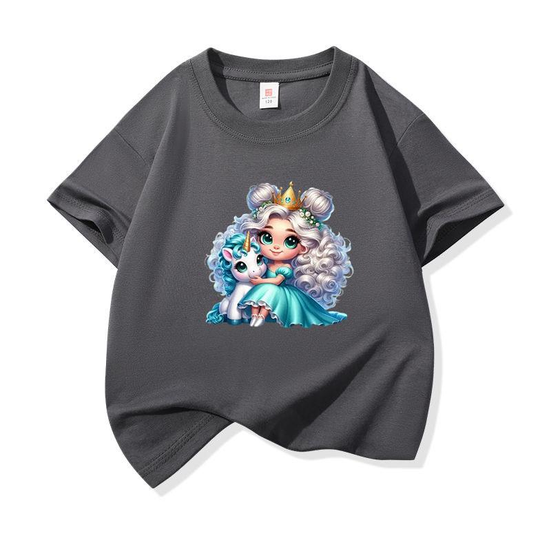 Kids Cotton T Shirt Princess Girl With Blue Unicorn Print Crew Neck Short Sleeve Tee Casual Boys Girls Summer Tops