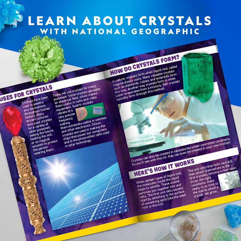 NATIONAL GEOGRAPHIC Crystal Growing Grow 3 Vibrantly Colored Crystals with Display Stand and Guidebook not be in Includes 3 Real Gemstone Including