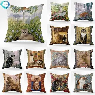 45X45Cm Vintage Cat Pillowcase Vintage Linen Square Sofa Pillowcase Cushion Cover