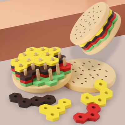 Montessori Hamburger Building Blocks Wooden Geometric Sorting and Stacking Toy Early Educational Learning Color Puzzle Game