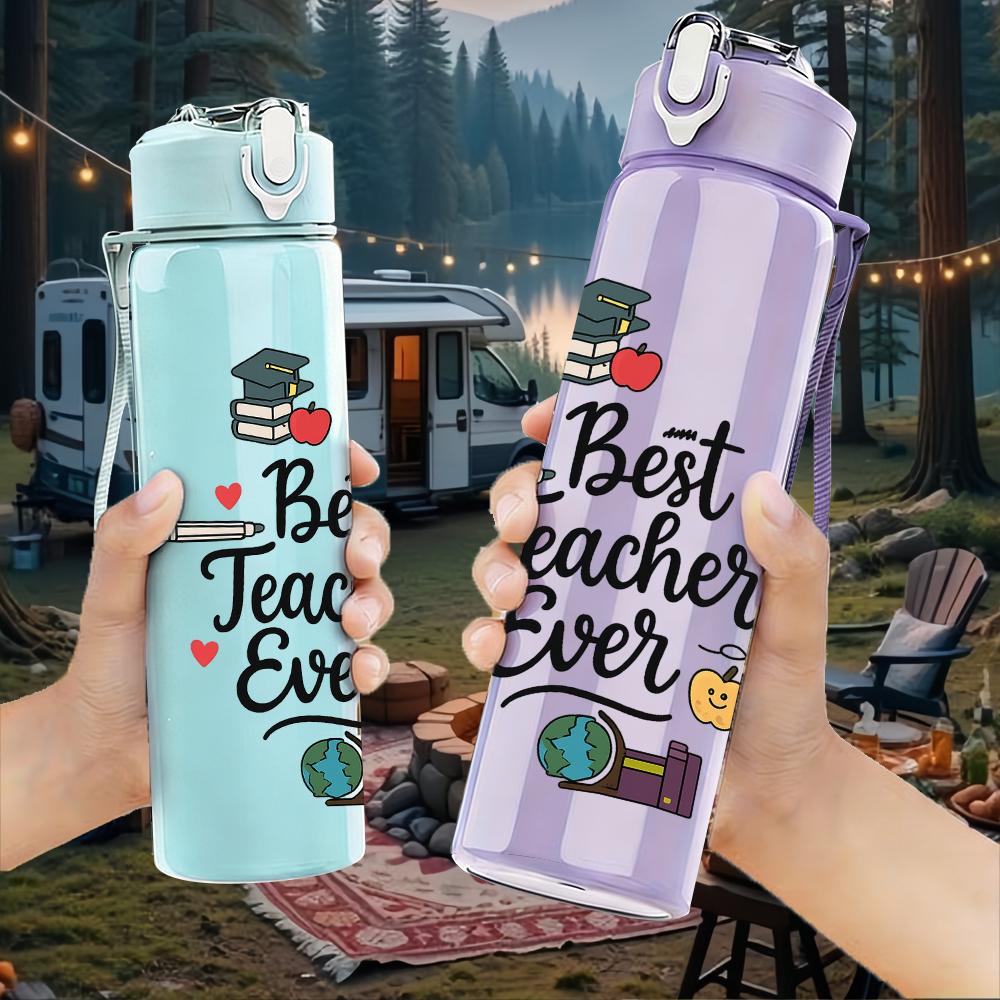 1PC Best Teacher Ever Floral Wreath Text 750ml Color Plastic Water Bottle Leakproof Flip Straw Lid For Sports Office Home Use