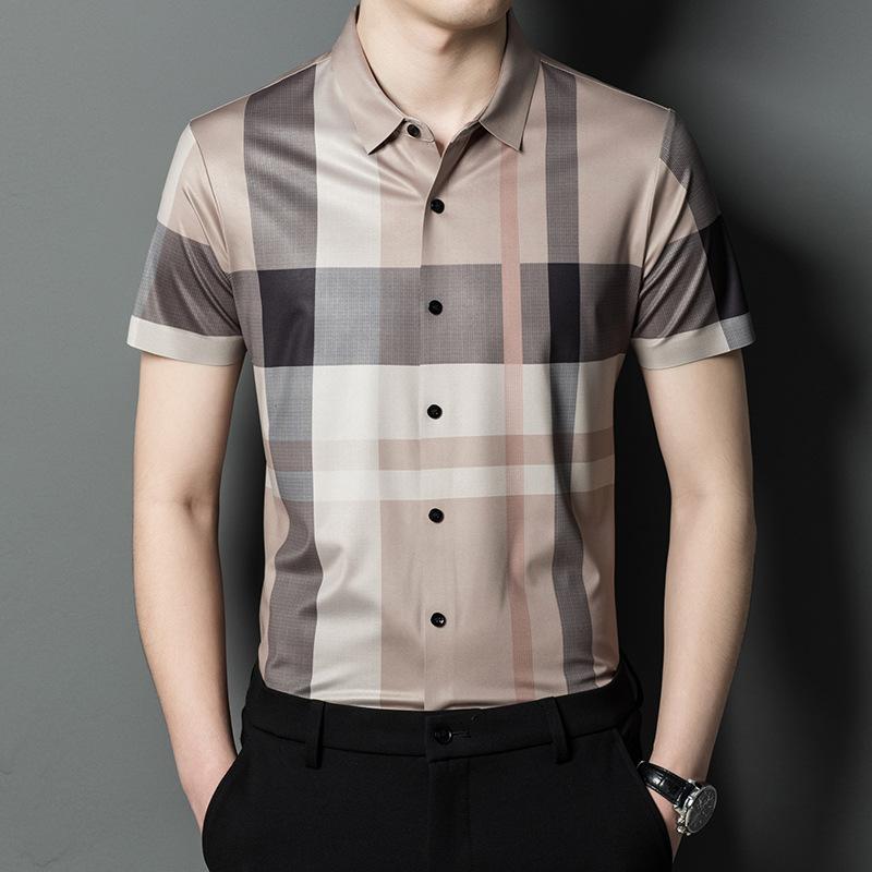 Summer New Short Sleeve Men's Shirt Middle-Aged Leisure Business Trends Fashion Check Thin Cardigan 1
