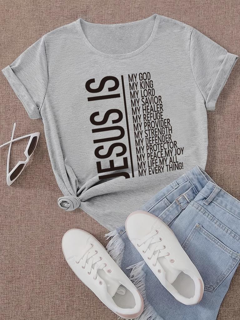 Women's Casual Sports Tee - "Jesus Is My Everything" Letter Print Loose Fit Polyester Round Neck Machine Washable