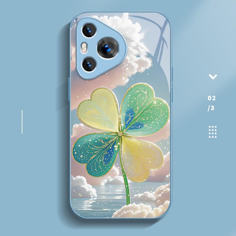 Golden flash four-leaf clover is suitable for Apple 16promax mobile phone case iPhone15/14 new cartoon 13 glass case.