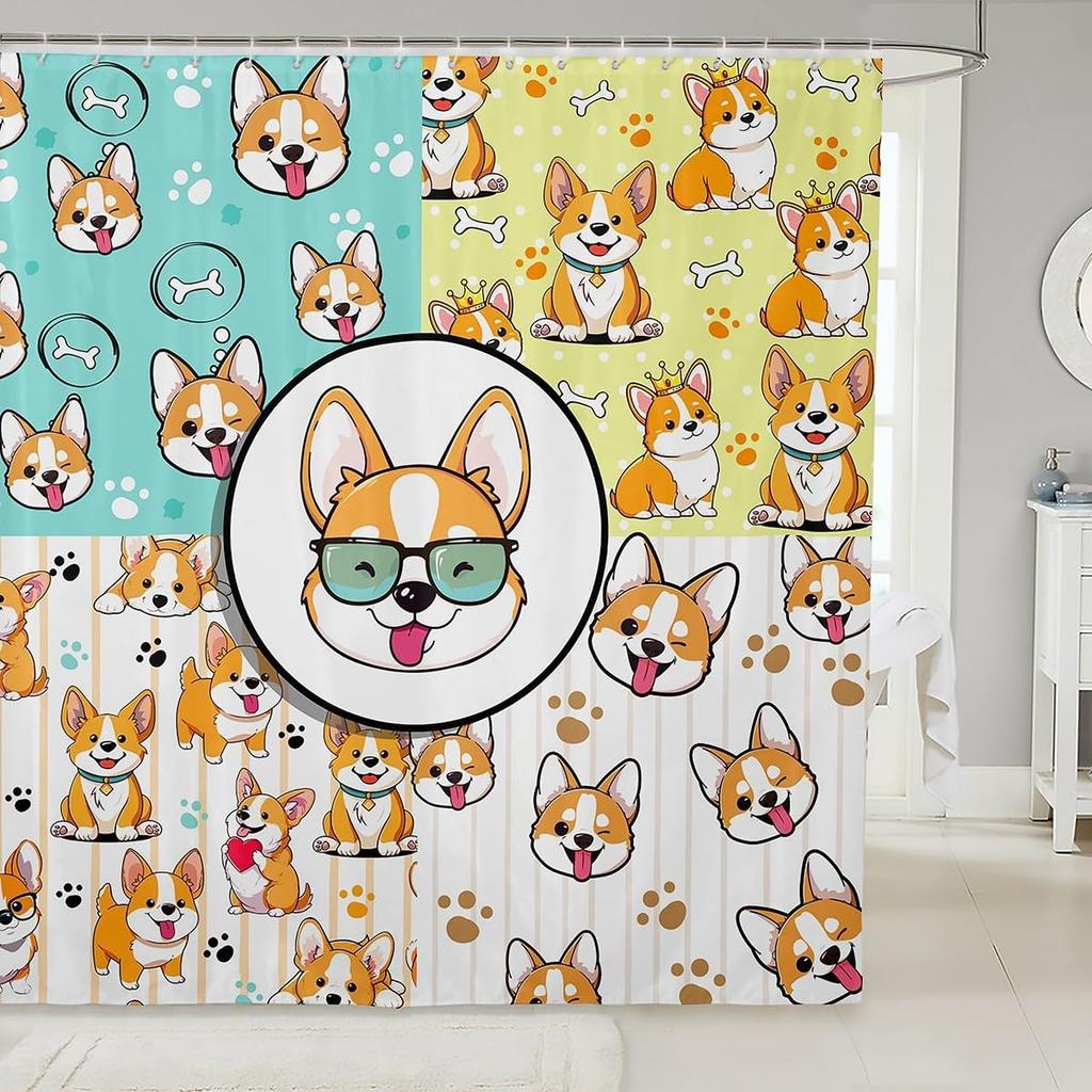 Puppy Shower Curtain Set Cartoon Corgi Shower Curtain for Teens Boys,Lovely Pup Dog Bath Curtain Doggy Cute Pet Toilet Lovely
