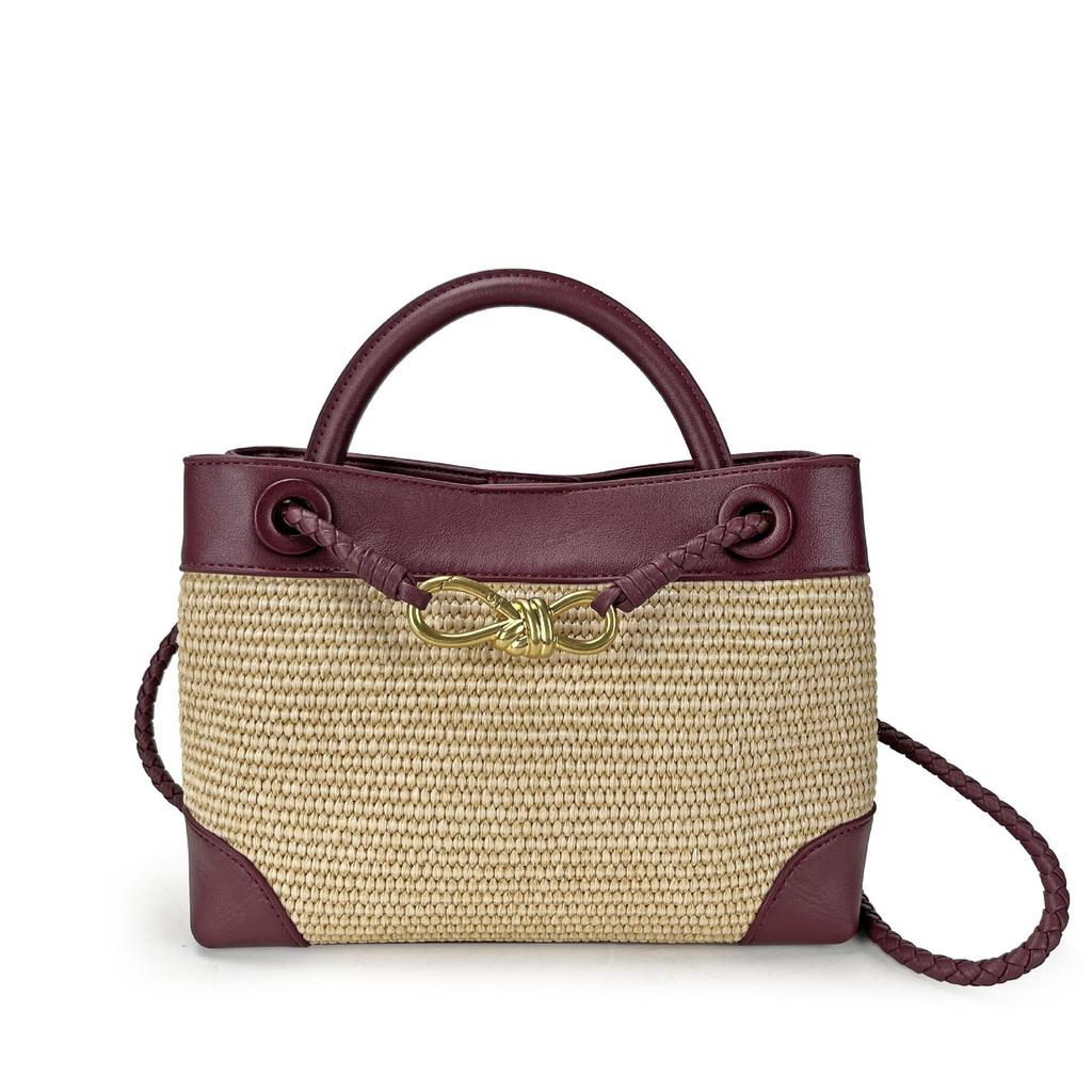2026 New Eight Character Metal Bow Leather Splicing Lafite Grass Handmade Straw Single Shoulder Crossarm Handbag