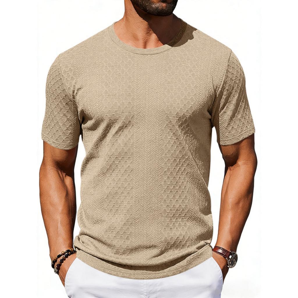 Men's Casual And Fashionable -color Textured T-shirt With Round Neck And Short Sleeves