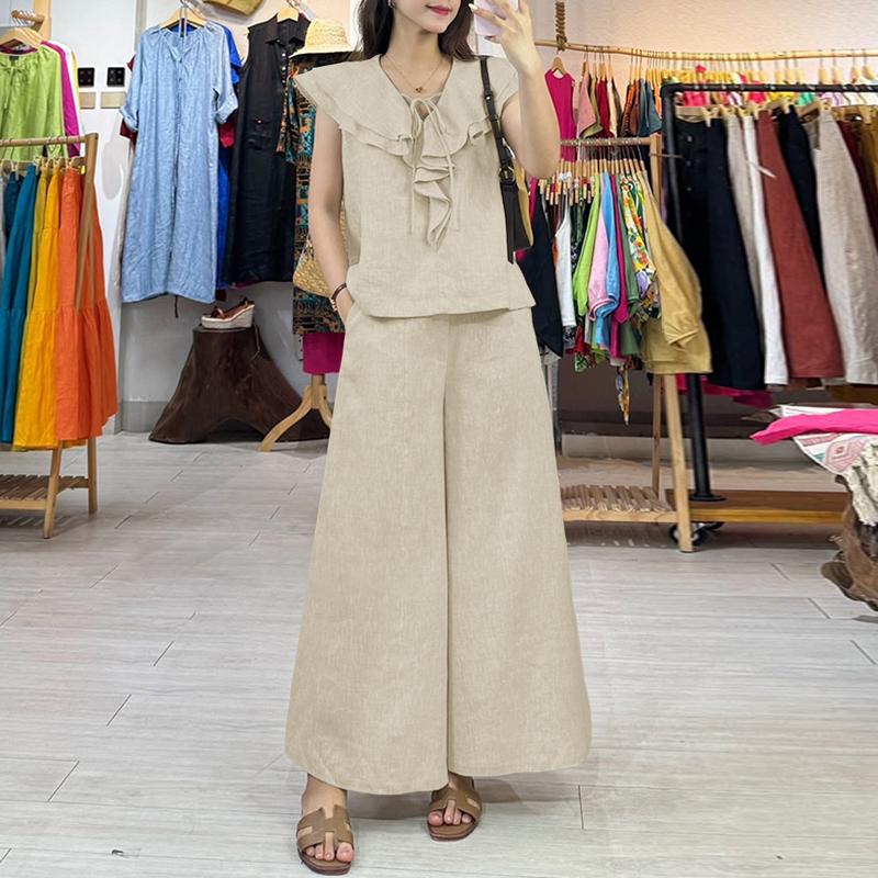 

ZANZEA Women Sleeveless Ruffles Vest Top and Loose Pants Casual Two Piece Suit Sets XL абрикосовый