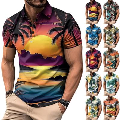 Men's Golf Hawaiian Print Shirt Casual Sports V-Neck Short Sleeve