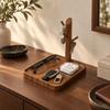 Entryway Key Holder and Jewelry Stand with Branched Hanging Pegs, Recessed Tray, and Removable Solid Wood Post