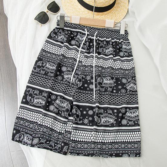 Women Summer Shorts Thiland Elephant Print Drawstring Elastic Waist Loose Soft Breathable Vacation Beach Travel Knee Length Shorts