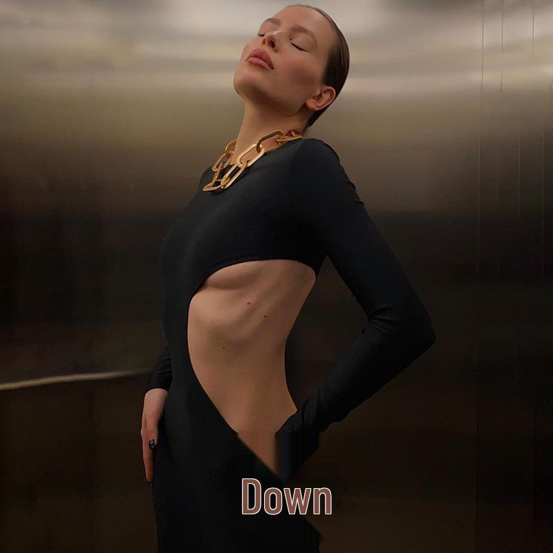 Europejsko-Amerykańska Letnia 2025 Seksowna Długa Sukienka z Wycięciami - Wyszczuplająca Wysoki Stan, Długi Rękaw