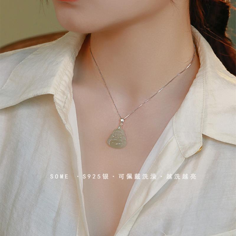 Natural Hetian Jade Maitreya Buddha Necklace for Women, Light Luxury and Niche Design9Silver Is Washable and Does Not Fade, New Model