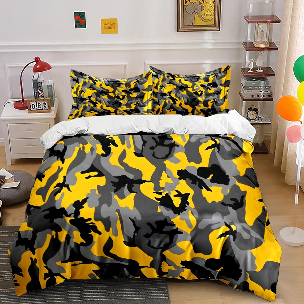 Yellow Background with Black-gray Camouflage Bedding Set for Kids Luxury Gift 3pcs Digital Print Comforter Set Soft Comfortable