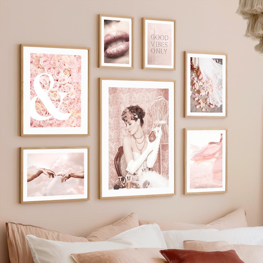 Pictură pe pânză de artă pe perete Fată roz, flori, diamante, perle, șampanie, dragoste, mâini, sufragerie, afișe și imprimeuri, imagini de perete