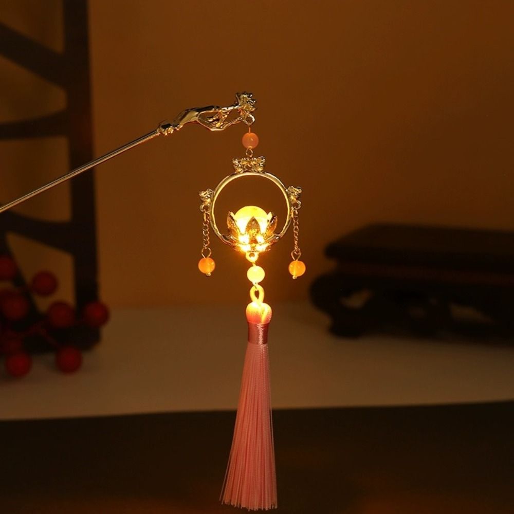 Vintage Lotus Emit Light Hairpin Chinese Style Tassel Hair Stick  For Woman Girl Hair Accessories