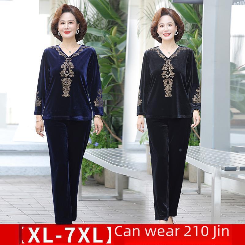 Women's Autumn Gold Velvet Suit: Fashionable, Loose-Fit Two-Piece for Middle-Aged & Elderly, Plus-Size Available.