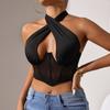 Women Black Cross Halter Corset Top Mesh Panel Cutout Bustier Crop Top