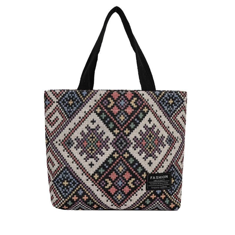 Bohemian Canvas Tote Bag for Women, Large Capacity Ethnic Style Shoulder Handbag, Casual Zipper Bucket Purse for Daily Use CLE