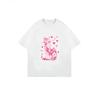 White T Shirt With Pink Cat Rose And Heart Print For Casual Wear
