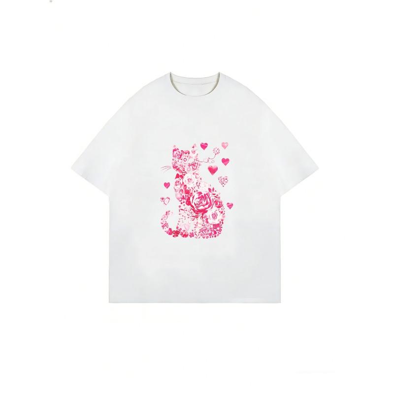 White T Shirt With Pink Cat Rose And Heart Print For Casual Wear