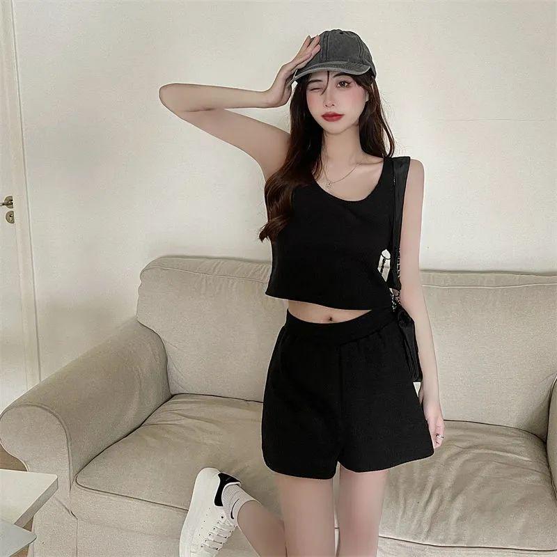 Women's Summer Sports Two-Piece Set: Short Vest & High-Waisted Wide-Leg Shorts Casual