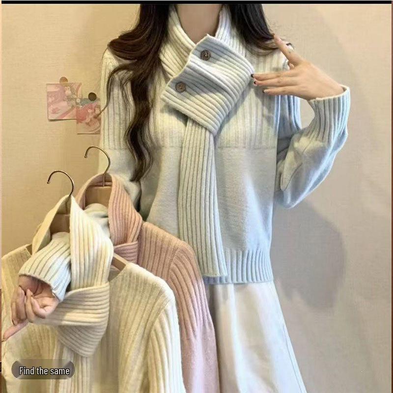 Korean Style Red Knit Pullover Scarf Sweater for Women – Autumn/Winter Fashion