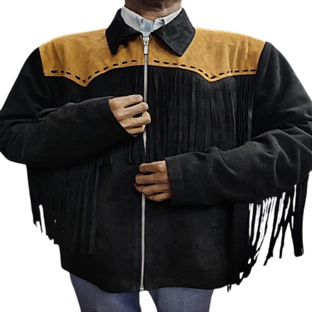 Men's Black & Brown Genuine Suede Leather Fringe Jacket, Western Style Fringe Jacket, Cowboy Jacket, Men Fringed Jacket, Gift For Him