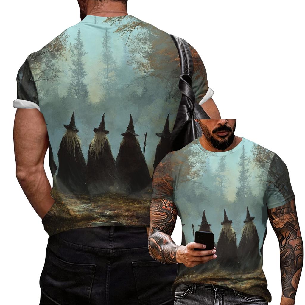 Men's Halloween Themed Graphic Printed Loose Fit Short Sleeve Crewneck T-Shirt for Casual Wear and Daily Outfits