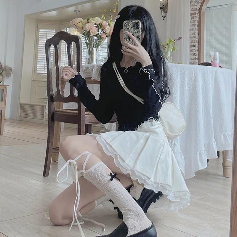 WTEMPO Süße Kawaii Japanische Faltenröcke mit hoher Taille für Mädchen Frühling Sommer Preppy Style Schwarz Weiß Miniröcke