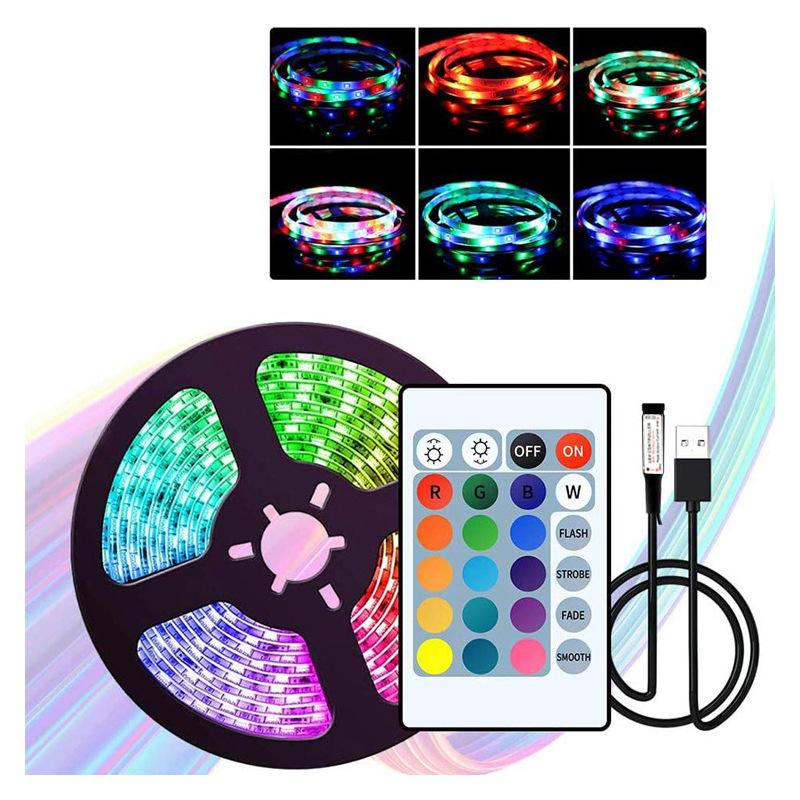 RGB LED Strip Light with 24-Key IR Remote & Bluetooth App Control, 2835 SMD 60 LEDs/m, Flexible 5V Strip