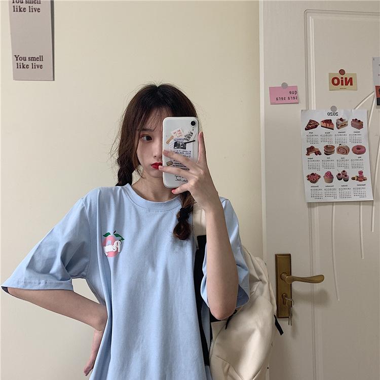 New Summer Loose Korean Version of Peach Letter Printing Simple Medium and Long Short-sleeved T-shirt Top Women's Trend