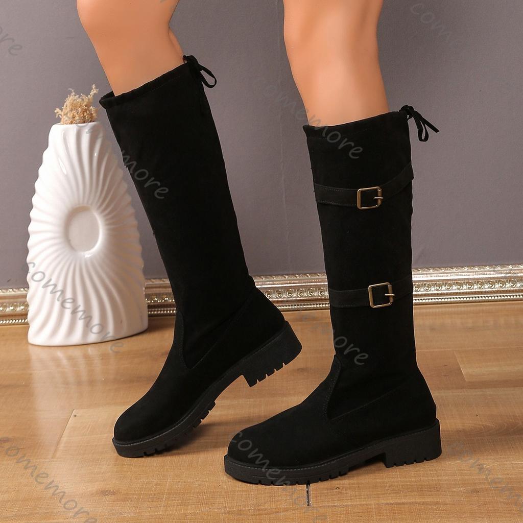 Comemore Retro Western Boots Women 2025 New Thick Bottom Round Head Black Suede Knee High Boots Chunky Middle Heel Long Botas
