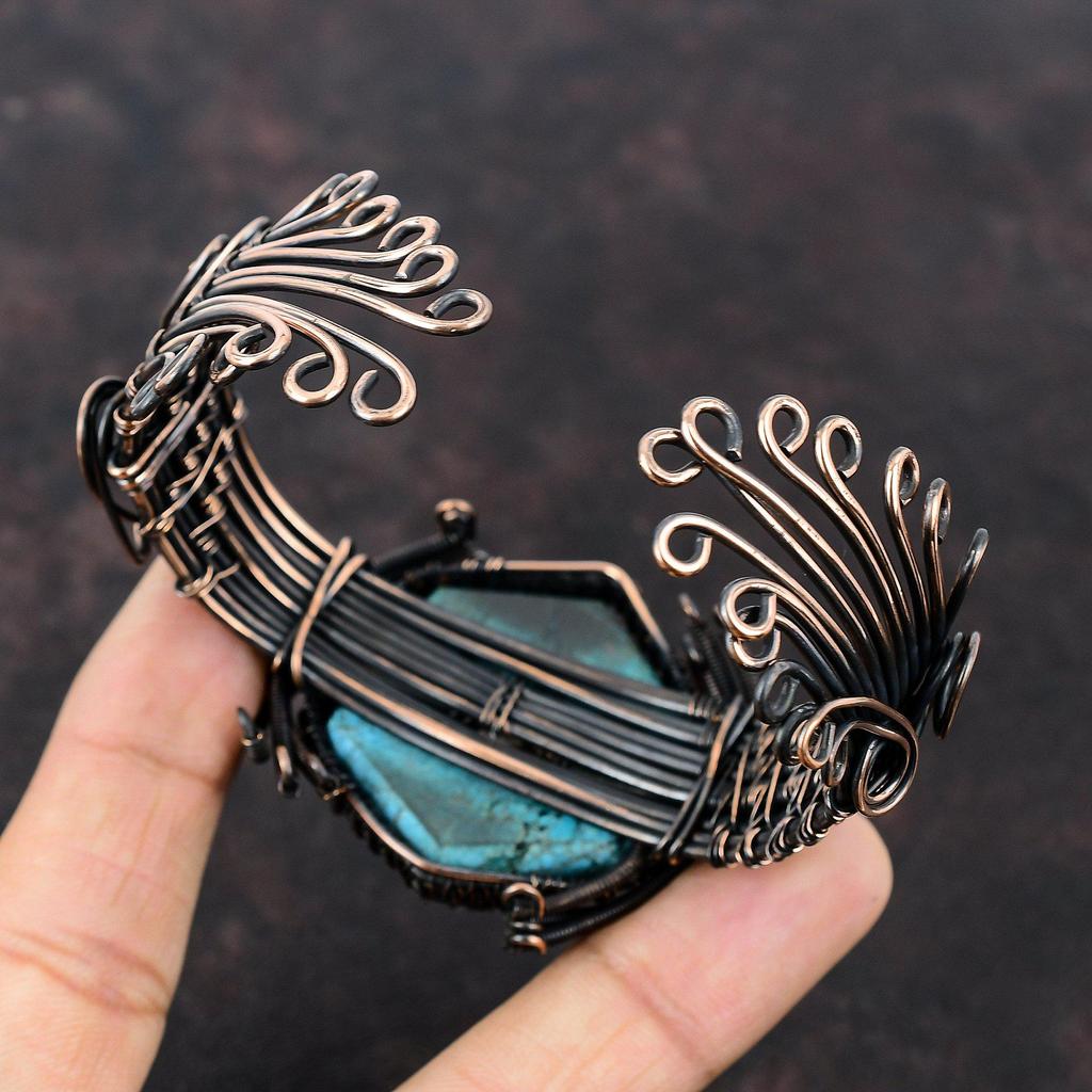 Tibetan Turquoise Copper Wire Wrapped Bangle Adjustable Cuff Bracelet High Quality Gemstone Bangle Handmade Copper Wire Jewelry Gift For Her