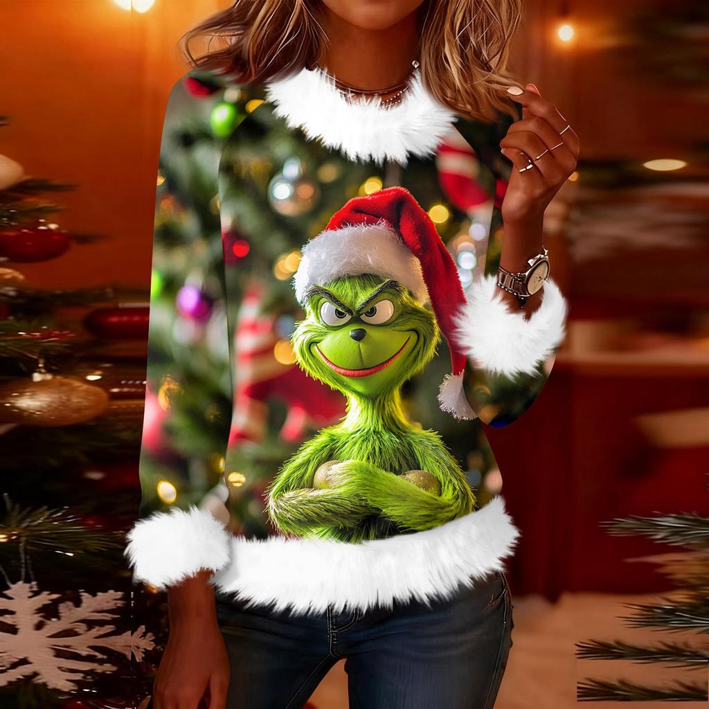 Women's Fashionable Christmas Printed Round Neck Long Sleeved Casual Pullover T-shirt Top