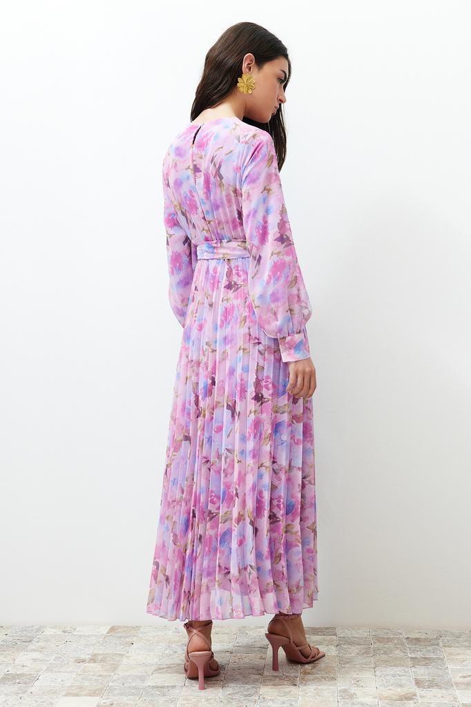 Women's Hijab Dress New Season Fashion Multi-Colored Floral Belt Detailed Lined Pleated Chiffon Woven Dress