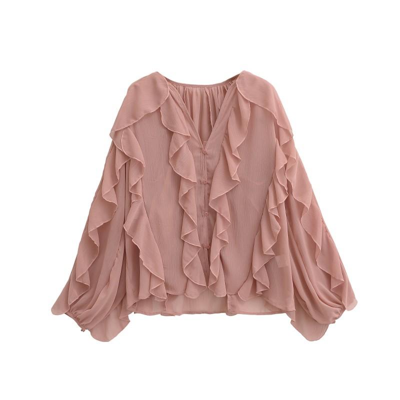 Womens V-Neck Layered Ruffle Pleated Blouse Loose Fit Street Style Long Sleeve Shirt In Solid Colors