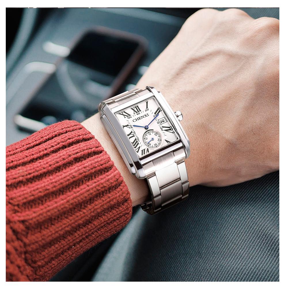 Luxury Top Brand Square Mens Wristwatches Unique Design Rose Gold Calendar Stop Watch Genuine Leather Quartz Business Male Clock