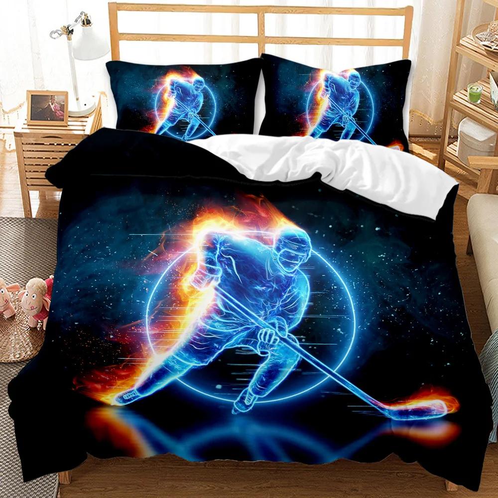 Ice Hockey Duvet Cover Set Twin Hockey Sport Player Bedding Set Winter Extreme Sport Game Polyester Comforter Cover Set King