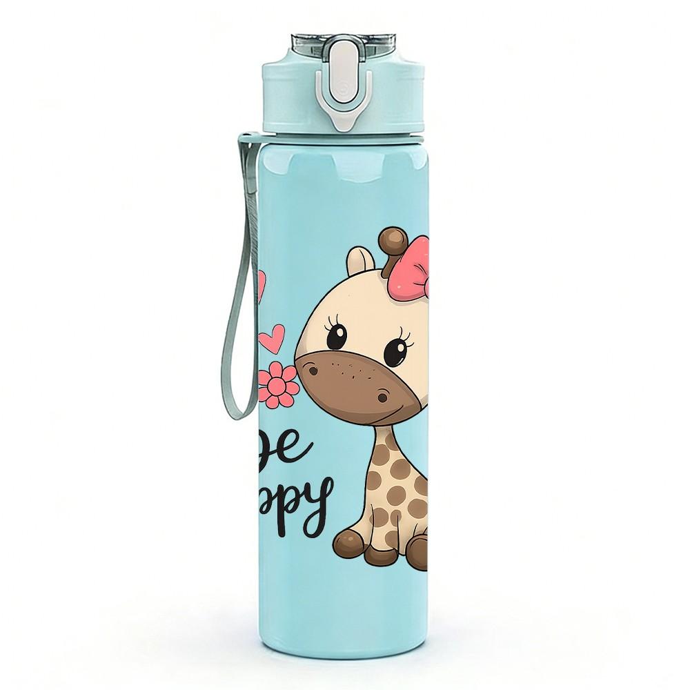 1PC Be Happy Giraffe 750ml Color Plastic Sports Water Bottle Leakproof Flip Straw Lid Suitable for Sports Office Home Use