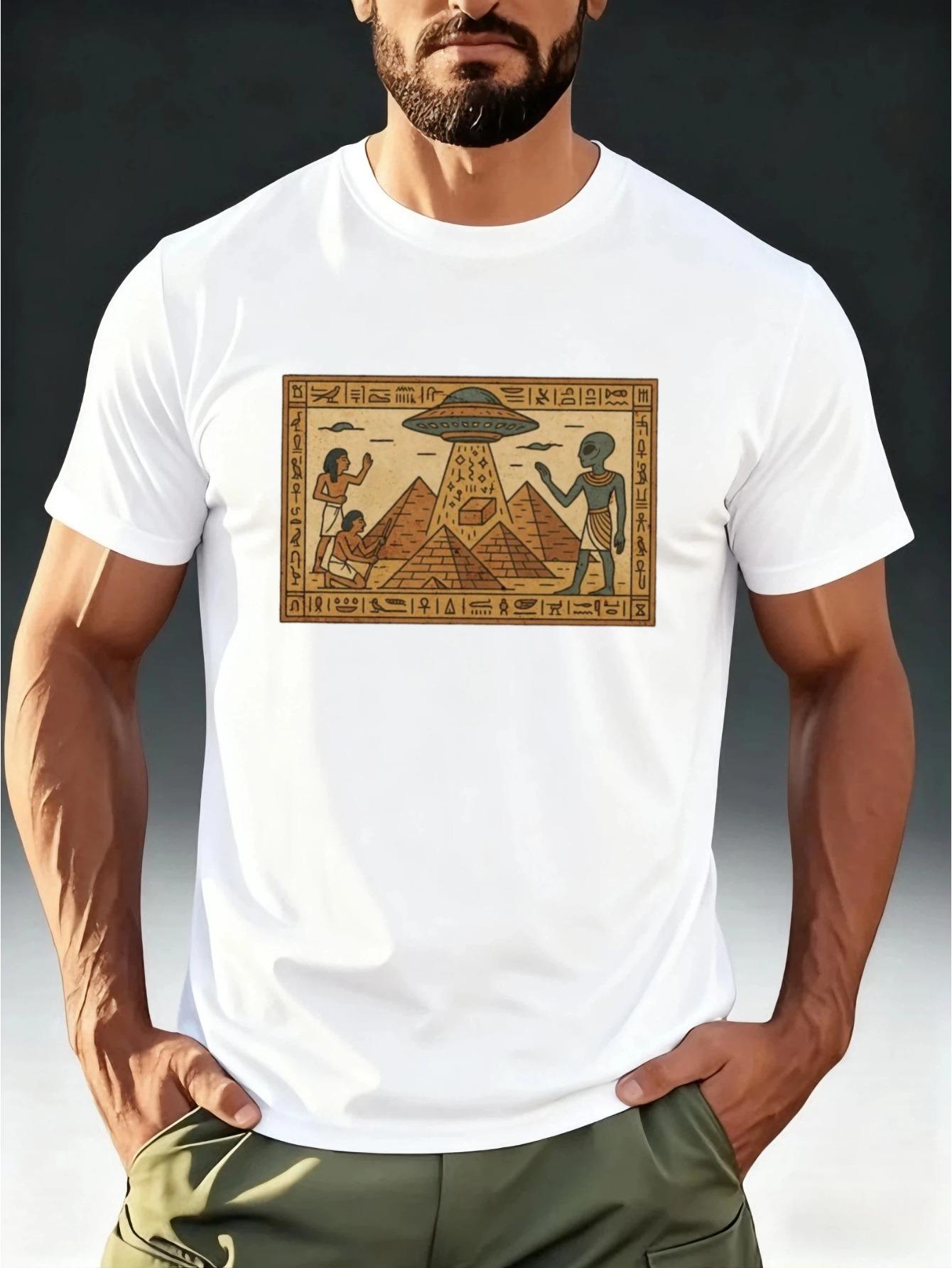Men s Egyptian Mural UFO Print T-Shirt - Retro-Futuristic UFO & Ancient Egypt Design XXL