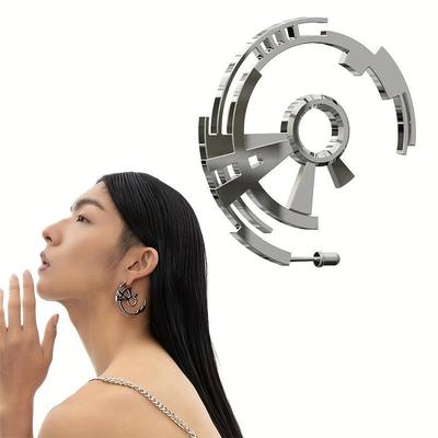 "Cyberpunk Mechanical Titanium Steel Earrings: Unisex Hollow Metal Gear Drop Design In Silver"