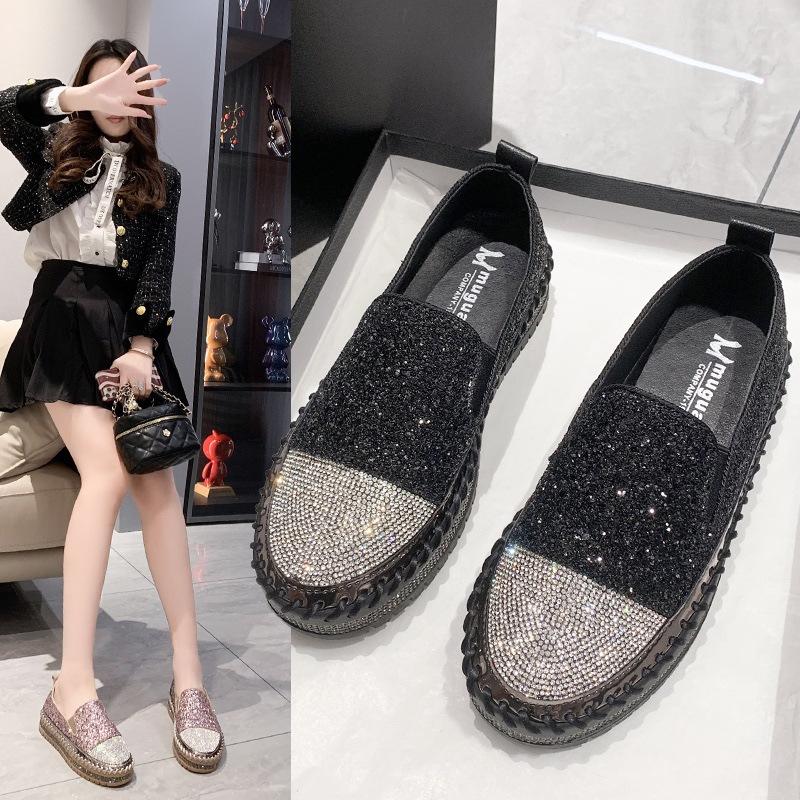 Spring large size casual single shoes women's new shoes platform flat bottom rhinestone fashion women's shoes
