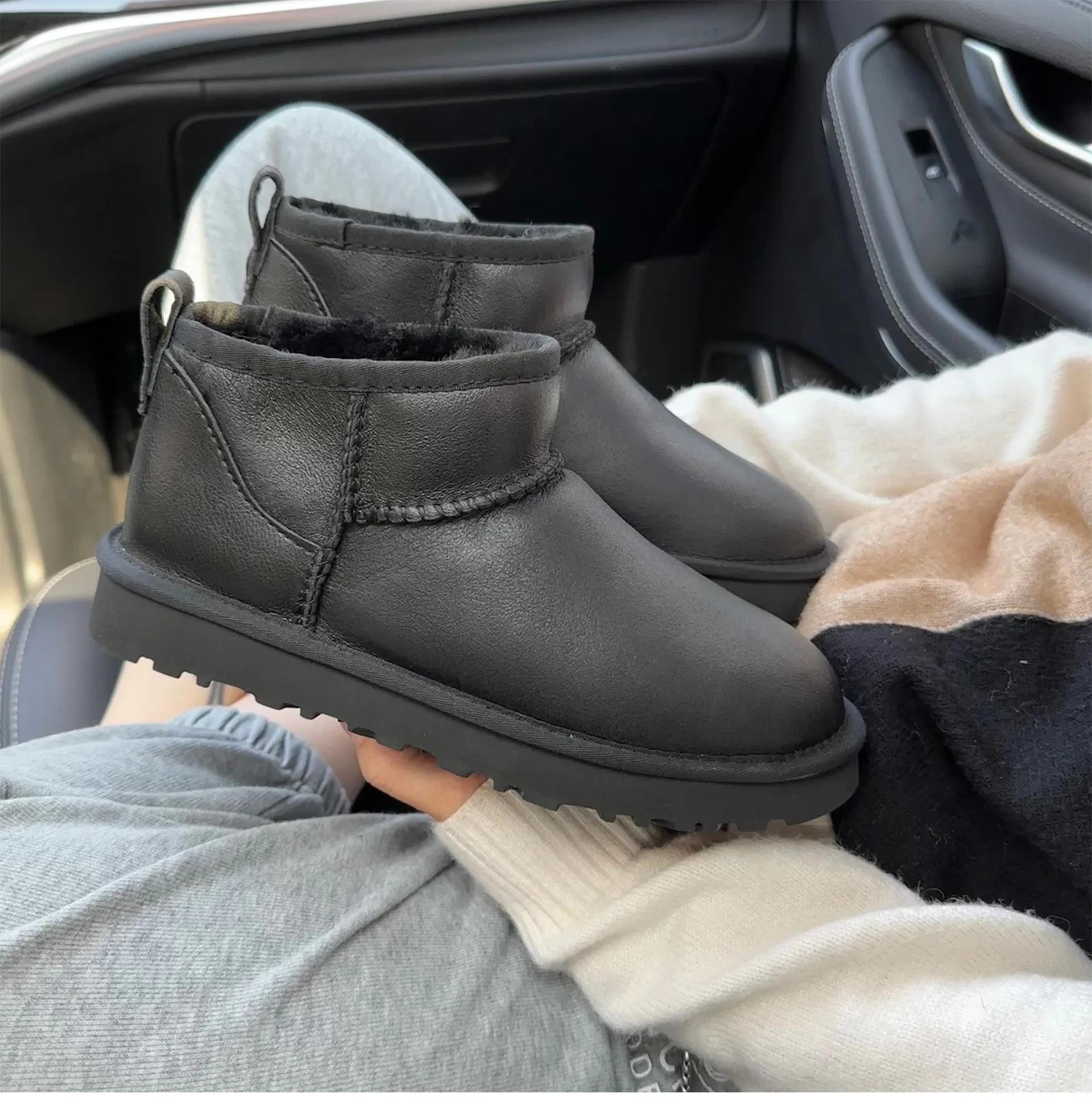 

Модные водонепроницаемые ботинки из гладкой кожи для снега, высококачественные теплые женские ботинки из чистой шерсти, женские ботинки с высоким голенищем и низким голенищем на плоской подошве 40