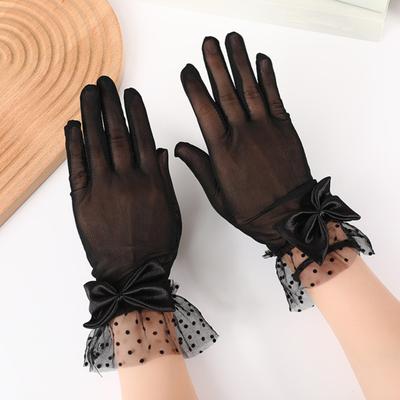 1 Paar Damen Abschlussballhandschuhe Durchsichtige Spitze Schleifendekor Aushöhlung Netzstoff Rüsche