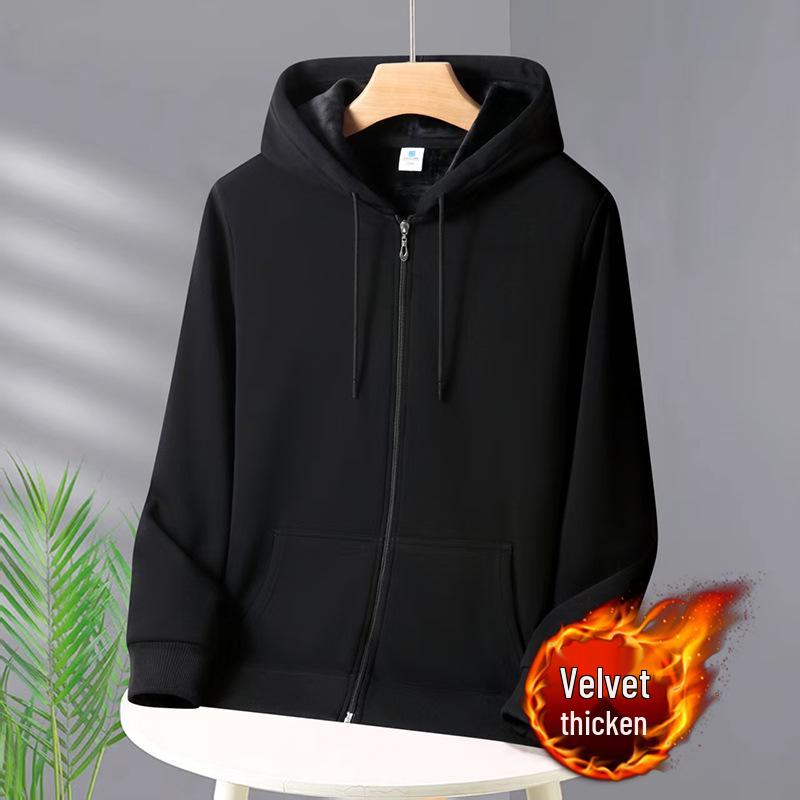 Unisex Heavyweight Cotton Zip-Up Hoodie Cardigan - Solid Color, Autumn/Winter Style.