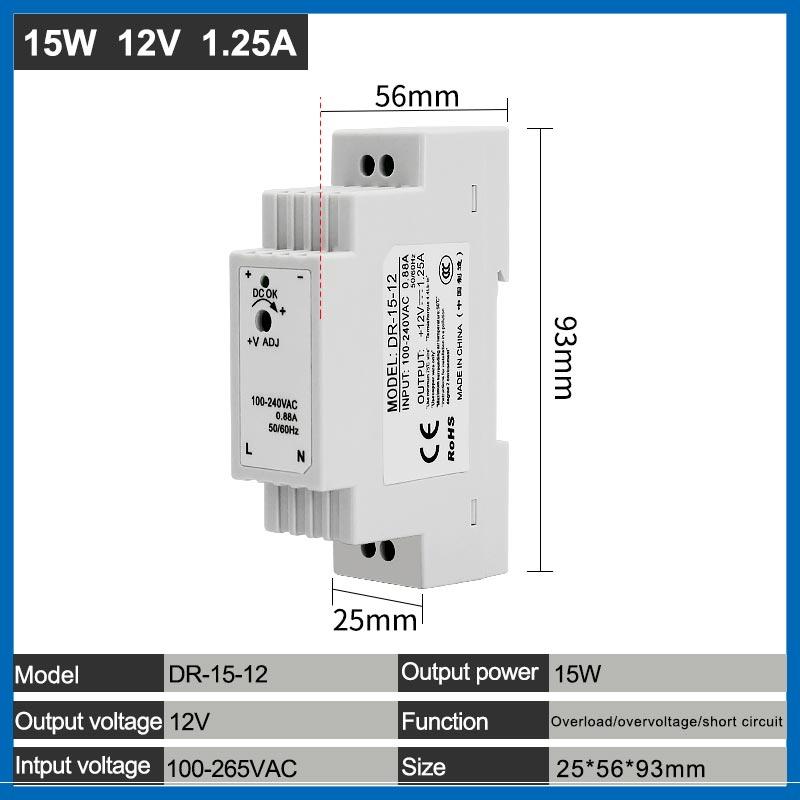 DC 12V 24V Switching Power Supply Rail Type Small Volume DR-15-0.63A 1.25A 5V 15V Transformer 15w