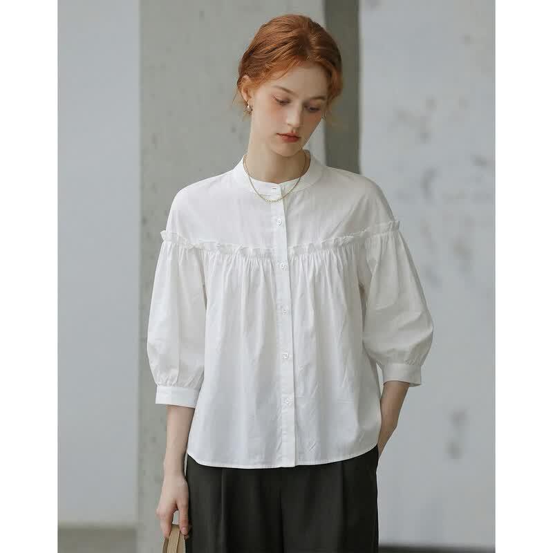 Demana Women's French Pleated Bubble Sleeve Cotton Blouse